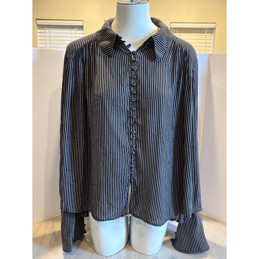 Free People Black White Striped Button Down Blouse Long Sleeve Oversized Large